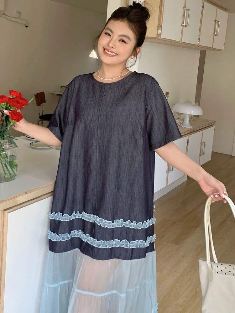 Dazy Plus Plus Size Blue Casual Loose Straight Mesh Patchwork Short Sleeve Round Neck Dress For Girls Sundress