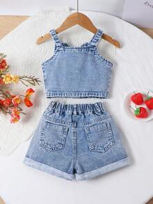 女童两件套：可爱休闲“迷你”刺绣中腰毛边牛仔短裤，正面金属纽扣装饰吊带背心 - 淺色水洗藍 - 查看 2