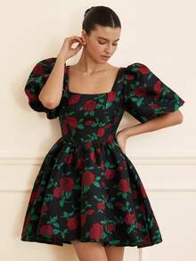 BELROSIE Schwarz & Rot Kontrast Farbe Rose Jacquard Stoff Quadratischer Kragen Puffärmel Kurzes Kleid, eleganter französischer Retro-romantischer Stil für Frauen - Verschiedenfarbig - Übersicht 5