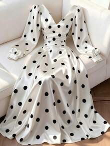 GlowEve 优雅通勤波点印花泡泡袖连衣裙