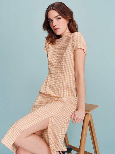 lacRébo 黄色格纹短袖中长连衣裙，纽扣裙摆，复古春夏风格，法式巴黎风情