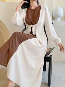 DAZY 女士撞色蝴蝶结装饰长袖连衣裙 - 棕色 - 查看 1