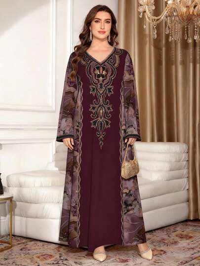 SHEIN Najma 大码女式紫色渐变花卉拼接仿刺绣印花V领长袖优雅阿拉伯风长连衣裙，春夏款