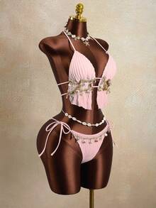 Zestiva Women's 2 Pieces Wavy Striped Shell Tape Splice Tie Neck Bikini Set, Summer - Pink - View 4