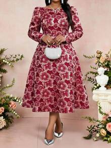 Fleurora Váy midi dài tay jacquard thanh lịch cỡ lớn dành cho nữ, thích hợp cho các bữa tiệc và chuyến đi chơi, mùa thu/đông - Nhiều màu - Xem 4