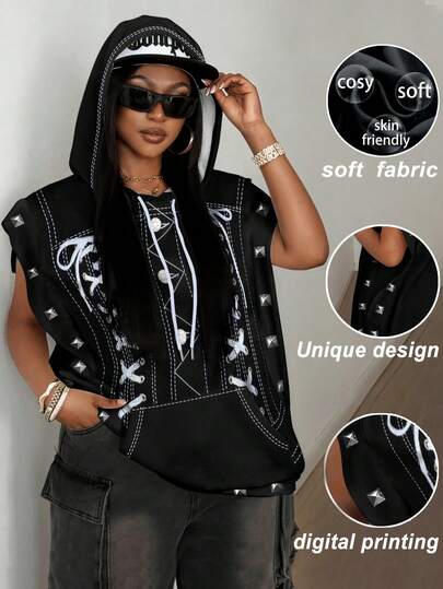 Maweii 这款女士仿铆钉和肩带数码印花无袖卫衣，适合在各种场合穿着，例如嘉年华、音乐节、体育赛事、派对、毕业季、返校派对、约会和日常生活。它拥有多种风格，包括时尚、优雅、休闲、性感和街头风。适合秋季、冬季、春季、夏季、春秋、秋冬穿着。无袖卫衣，日常卫衣，适合各种场合的卫衣。