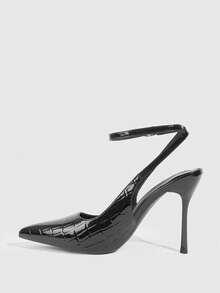 CUCCOO SZL Pointed Toe Stiletto High Heel Black Glossy Fabric Fashion Versatile Sexy Party Ankle Strap Women's High Heel Pumps, Women's Backless Pumps For Christmas Valentine's Day - 7639 stone pattern black - View 8