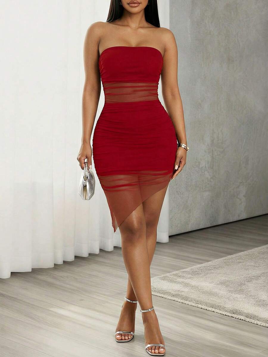 VaVaBold Váy ngắn bodycon hở lưng lưới xếp nếp gợi cảm mùa hè cho nữ quần áo năm mới - Đỏ - Xem 1