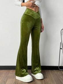 SHEIN EZwear Women's Velvet Knit Flared Pants, Spring Bell Bottom Pants Pants Flare Leg Green Pants For Women Velvet Pants Women Flared Leggings Olive Green Pants - Green - View 4