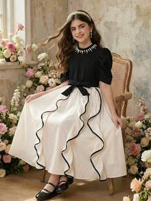 SHEIN 女童休闲印花收腰长连衣裙，适合日常穿着和通勤。 - 彩色 - 查看 8