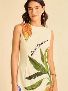 CAJUNI 女式杏色椰子树、鹦鹉和热带水果印花圆领无袖修身褶饰印花夏季度假海滩迷你连衣裙 - 黃色 - 查看 5