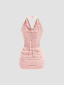 Sweetra 黑色深V领露背系带紧身迷你连衣裙，性感修身 - 淺粉色 - 查看 2