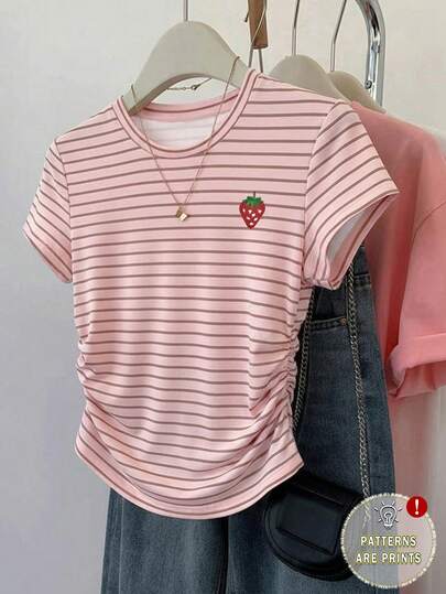 Resyla Women's Outdoor Tops, New Summer Design, Multi-Color Striped Pattern, Colorful Striped Print, Strawberry Graphics, Suitable For Outdoor, Dates, Back To School, Must-Have, Fitted Waist Ruched Summer Short Sleeve T-Shirt, Women's T-Shirt
