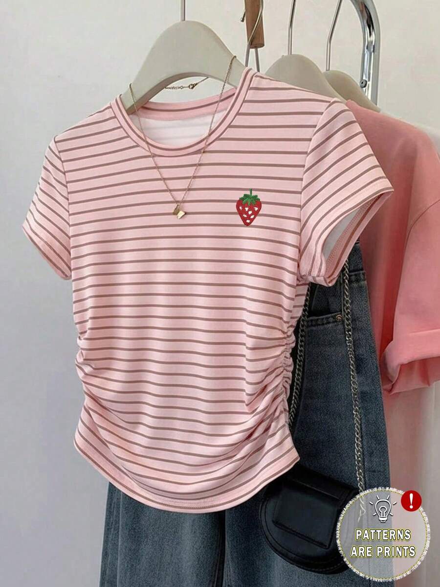 Resyla Áo nữ mặc ngoài trời, thiết kế mùa hè mới, họa tiết sọc nhiều màu, in sọc nhiều màu sắc, hình quả dâu tây, thích hợp cho hoạt động ngoài trời, hẹn hò, đi học, món đồ không thể thiếu, áo thun ngắn tay mùa hè ôm eo nhún bèo, áo thun nữ. - Hồng - Xem 1