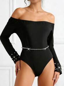 SHEIN Elenzya Mono de manga larga con hombros descubiertos, elegante, ajustado, con perlas en la cintura, sexy y maduro, mono negro para mujer de talla grande - Negro - Ver 3