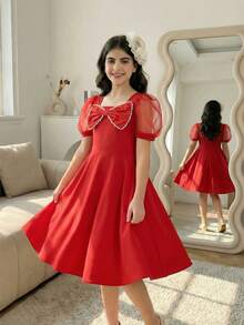 Sparklyn Tween Girl Elegant Woven Back Gathered Square Neck Mesh Puff Sleeve Luxurious Pearl Bow Decor Dress, Suitable For Daily Wear, Gatherings, Parties, Weddings - Red - View 4