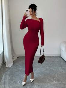 Bluhae 女士优雅纯色修身长连衣裙，秋冬款 - 紅色 - 查看 3