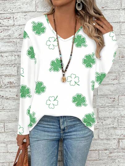 EMERY ROSE Casual Romantic Green Clover Print Loose V-Neck Long Sleeve T-Shirt For Plus Size Women, Suitable For Spring & Autumn, White Top, Valentine's Day, Valentine's Gift, Vacation,Flower/Summer
