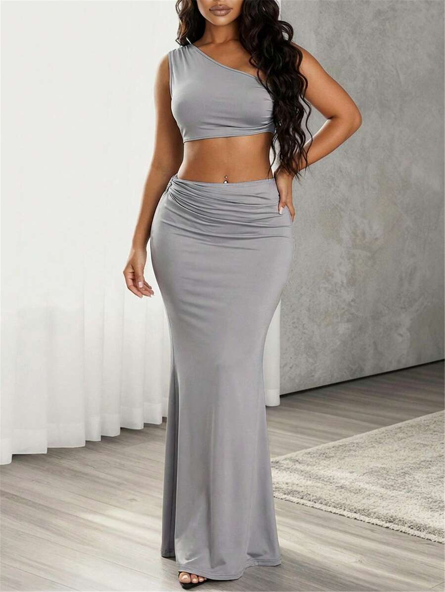 VaVaBold 女士服装 Sumeer Clean Fits 纯色不对称领露脐上衣和美人鱼裙摆半身裙灰色设计两件套 - 灰色 - 查看 1