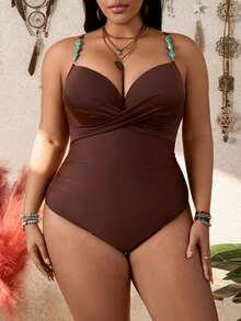 Swim Lushoire 大码女式纯色V领可调节肩带连体泳衣 - 棕色 - 查看 3