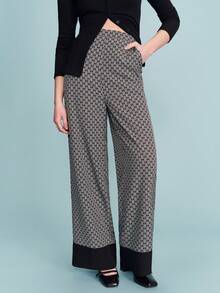 lacRébo 几何印花高腰阔腿裤，撞色裤脚细节，垂坠感面料，时尚百搭的春夏法式巴黎风长裤 - 彩色 - 查看 3