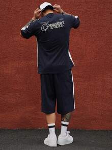 DAZY Men's Summer Patchwork Contrast Color Letter Print Short Sleeve T-Shirt And Shorts Set - Navy Blue - View 6