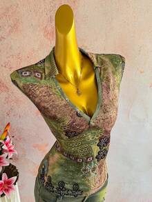 Sunnyshic 女士休闲度假优雅佩斯利印花波西米亚风V领短袖修身T恤，日常百搭 - 彩色 - 查看 5