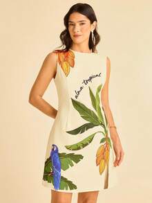 CAJUNI 女式杏色椰子树、鹦鹉和热带水果印花圆领无袖修身褶饰印花夏季度假海滩迷你连衣裙 - 黃色 - 查看 4