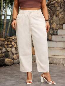 EMERY ROSE Plus Size Solid Color Webbing Waist Casual Pocket Loose Jeans - Apricot - View 3