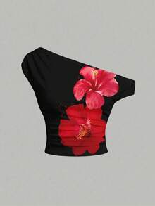 Teen Girl Summer Beach Vacation Floral Print Irregular Neck Ruffle Fitted T-Shirt And Fish Tail Skirt Set