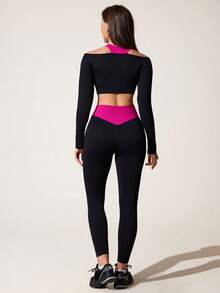 SHEIN Dewbera Bộ đồ thể thao nữ gồm áo dài tay và quần legging liền mạch phối màu tương phản, thích hợp cho yoga, tập luyện, thể dục, chạy bộ và mặc thường ngày. - Nhiều màu - Xem 6