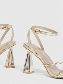 CUCCOO SZL Women's Square Toe Metal Asymmetric High Heel Sandals, Gold Thin Strap Ankle Strap, Fashion Sexy Party Nightclub High Heel Open Toe Strap Heeled Sandals Valentine's Day - Gold - View 6