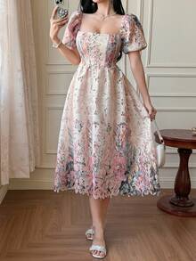 DAZY Women's Floral Print Elegant Waist Cinched Party Dress - Baby Pink - View 5