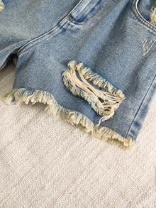 Pantaloncini di jeans consumati per ragazze adolescenti, nuovi arrivi estivi leggeri, jeans di media lavatura vintage, design casual alla moda da strada per vacanze, modello semplice di base con orlo sfilacciato, vita elastica, jeans strappati, tessuto di jeans in cotone morbido e confortevole, adatti per uso quotidiano, raduni, feste, scuola, pendolarismo, nuova collezione primavera/estate - Blu lavato medio - Visualizzare 7