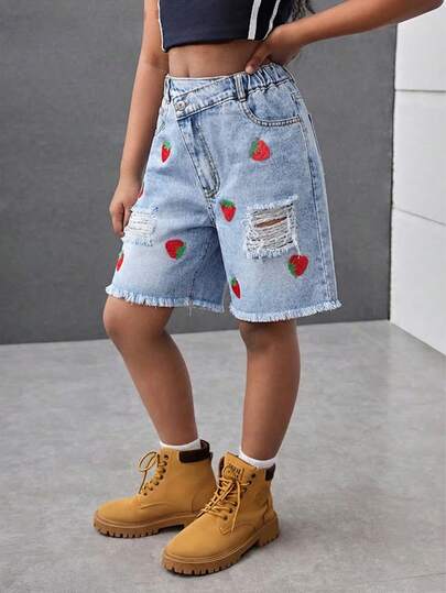 Tween Girls Light Wash Blue Strawberry Print Distressed Denim Shorts, Casual For Summer