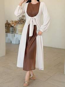 DAZY 女士撞色蝴蝶结装饰长袖连衣裙 - 棕色 - 查看 4