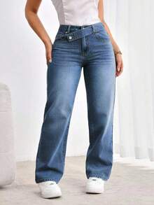 Flexra Women's Plus Size Casual Straight Leg Jeans - Dark Wash - View 1