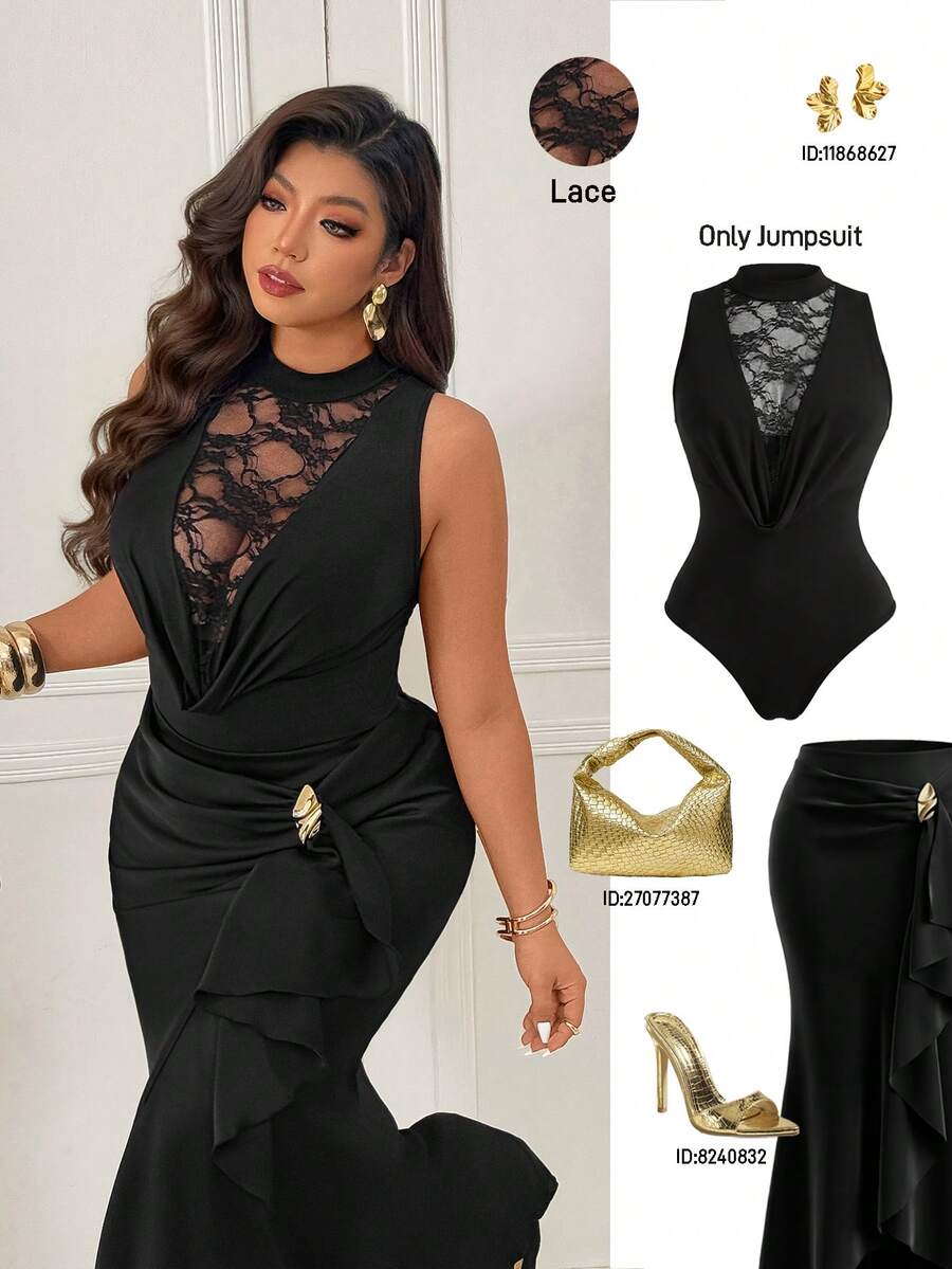 Femmeverse Plus Size Women's Sexy Lace Patchwork, Ruffle Collar, Solid Color Bodysuit