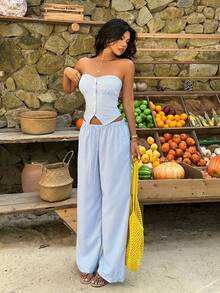 Sunnyshic 两件套女士条纹纽扣露脐上衣和低腰长裤 - 藍白色 - 查看 6