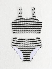 SHEIN 女童条纹两件套泳衣，可爱黑色条纹图案，可调节肩带，高腰泳衣套装，高腰比基尼，保守比基尼套装，度假两件套，两件式泳衣，泳装套装，女童泳装两件套，夏季泳装，沙滩装，女童泳装套装，条纹比基尼套装，少女泳装两件套，两件式沙滩装，黑白条纹泳衣 - 黑與白 - 查看 6