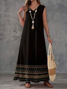 EMERY ROSE Sukienka damska bez rękawów z geometrycznym nadrukiem, swobodna, wiosenna, na wakacje, na co dzień - Czarne - Zobacz 4