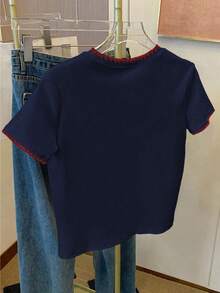 Resyla Women's Contrast Trim Cherry Print Round Neck Short Sleeve T-Shirt - Navy Blue - View 2