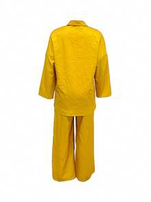 Vaclyn Women's Casual Vacation Textured Ruched Fish Pattern Shirt And Wide Leg Straight Pants 2 Pieces Set - Yellow - View 2