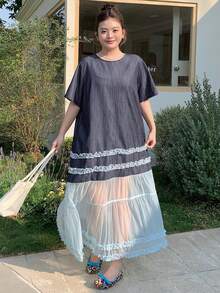Dazy Plus Plus Size Blue Casual Loose Straight Mesh Patchwork Short Sleeve Round Neck Dress For Girls Sundress - Navy Blue - View 7