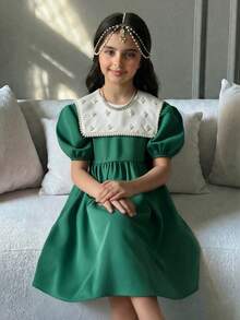SHEIN Vestido Elegante com Gola Colorblock, Decoração de Pérolas e Manga Pétala para Menina Pré-Adolescente - Verde - Visão 6