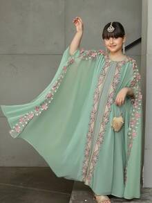 Tween Girl Loose Elegant Gold Lace Ribbon Decor Long Cardigan Dress Set - Multicolor - View 1