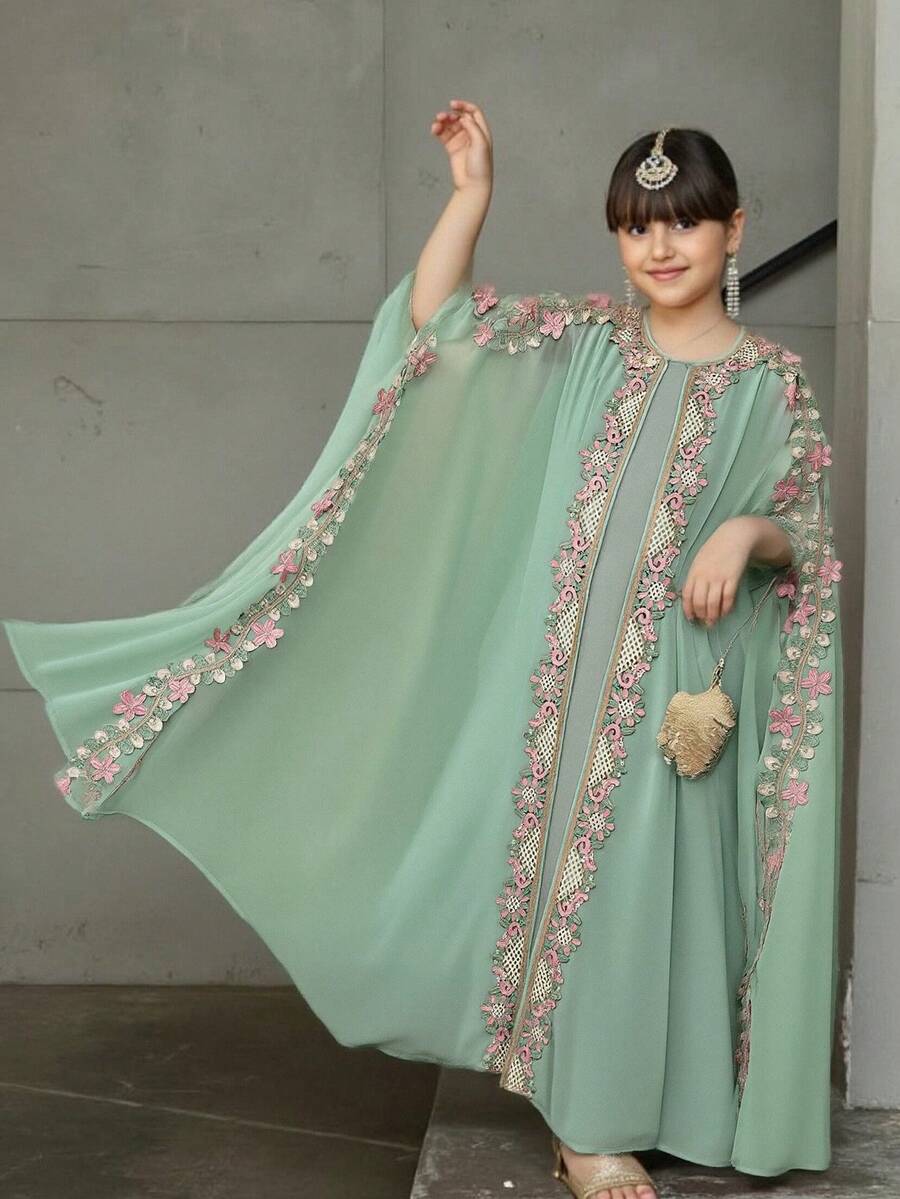 Tween Girl Loose Elegant Gold Lace Ribbon Decor Long Cardigan Dress Set - Multicolor - View 1