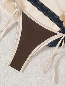 Swim SXY Women's Summer New Halter Tie-Up Contrast Trim Daisy Pendant Low-Waist Triangle Bikini Set - Brown - View 5