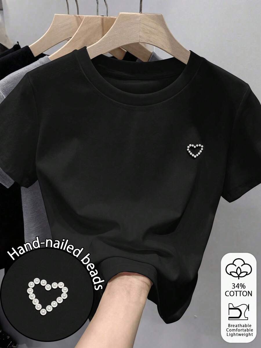 EMERY ROSE Y2K Cropped Handmade Beaded Heart Decor T-Shirt, Versatile Women Top - Black - View 1