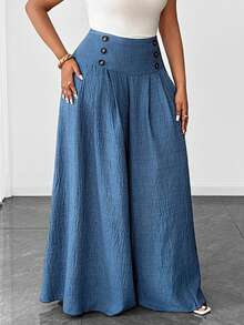 Maweii Plus Size Women's Solid Color Casual Woven Wide Leg Pants - Blue - View 3